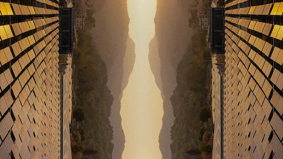 a mirrored image of rows of solar panels